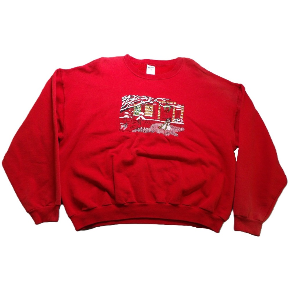 VTG 90s Jerzees Christmas Snowman Embroidered Crewneck Sweatshirt Red XL Unisex